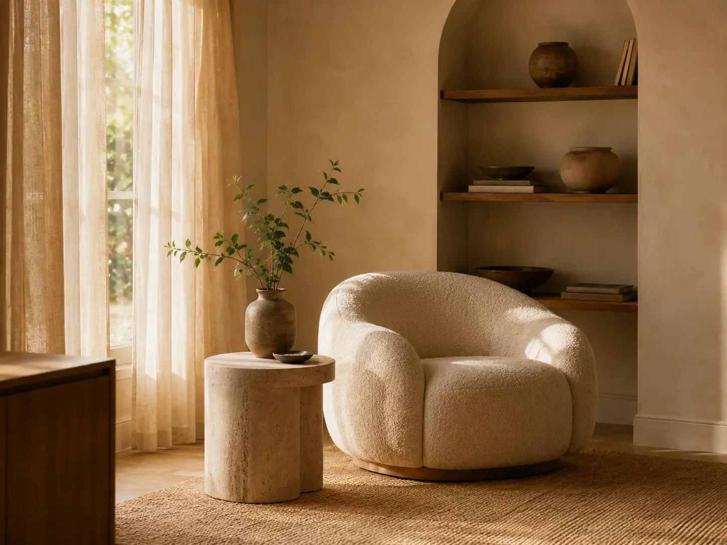 Warm reading corner with sculptural chair and natural materials