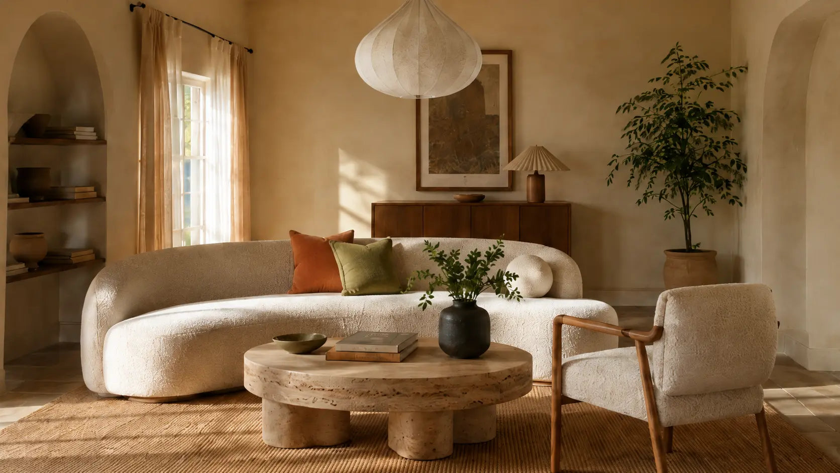 Warm sculptural living room with natural textures
